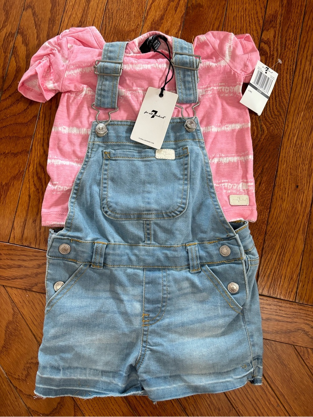 7 For All Mankind 24m 2T Pink Striped Tee Light Wash Denim Short Overalls New